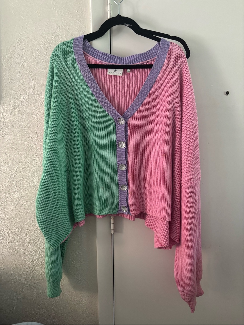 Daisy Street Colorblock Pink & Mint V-Neck Cropped Cardigan